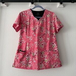 Cherokee scrub top, pink & white floral print - looks like cherry blossoms! EUC
